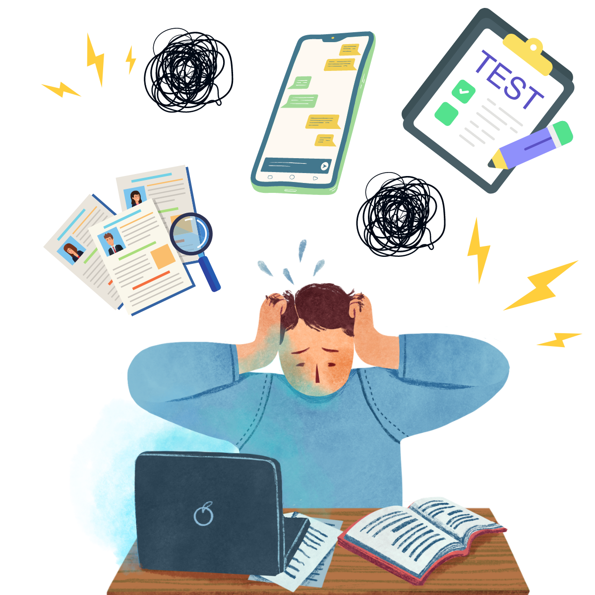 A young man with brown hair is sitting in front of his laptop, very stressed. There is a pile of CV's, a phone, and a clipboard with tests over his head that is filled with busy thoughts. He is feeling overwhelmed with all of the tasks.